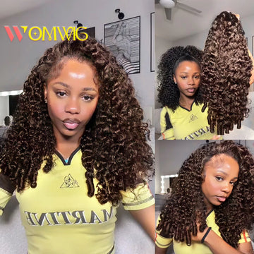 Chocolate Brown Burmese Curly Half Wig 100% Human Hair Glueless Wig 3 IN 1 Half Wig With Drawstring Clip Ins Flip Over Half Wigs