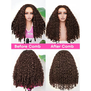 Chocolate Brown Burmese Curly Half Wig 100% Human Hair Glueless Wig 3 IN 1 Half Wig With Drawstring Clip Ins Flip Over Half Wigs