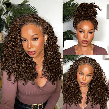 Chocolate Brown Burmese Curly Half Wig 100% Human Hair Glueless Wig 3 IN 1 Half Wig With Drawstring Clip Ins Flip Over Half Wigs