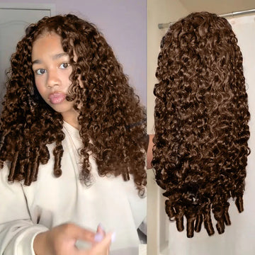 Chocolate Brown Burmese Curly Half Wig 100% Human Hair Glueless Wig 3 IN 1 Half Wig With Drawstring Clip Ins Flip Over Half Wigs