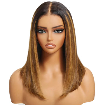 UBINE - BOB blunt brun & mèches blondes piano – racines foncées | 7x5 lace, glueless