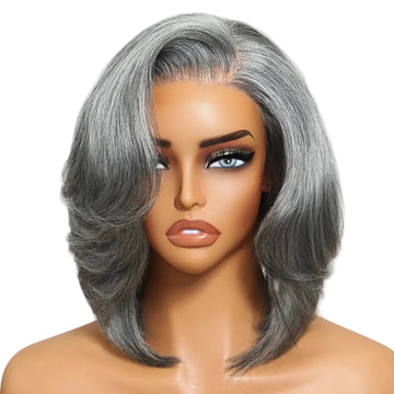 NORA – Bob dégradé effet brushing gris poivre & sel | Finition naturelle, sans colle, densité 150%