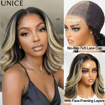 UNice Bye Bye Slip™ 7x5 Lace Natural Black With #27 Blonde Highlight Wavy Bob Wig 100% Human Hair Wig With Face-framing Layers