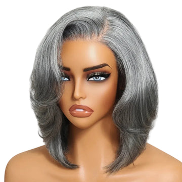 NORA – Bob dégradé effet brushing gris poivre & sel | Finition naturelle, sans colle, densité 150%