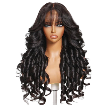 JUDY - 7x5 & 13x4 Lace Loose Wave Wispy Bangs Wig 100% Human Hair Glueless Wigs