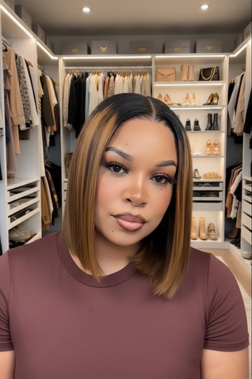 UBINE - BOB blunt brun & mèches blondes piano – racines foncées | 7x5 lace, glueless