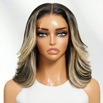 UNice Bye Bye Slip™ 7x5 Lace Natural Black With #27 Blonde Highlight Wavy Bob Wig 100% Human Hair Wig With Face-framing Layers