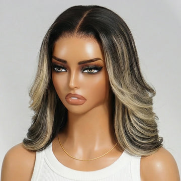 UNice Bye Bye Slip™ 7x5 Lace Natural Black With #27 Blonde Highlight Wavy Bob Wig 100% Human Hair Wig With Face-framing Layers