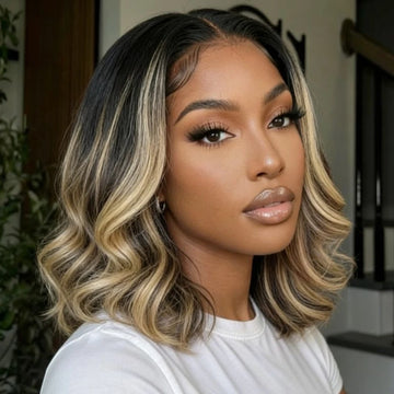 UNice Bye Bye Slip™ 7x5 Lace Natural Black With #27 Blonde Highlight Wavy Bob Wig 100% Human Hair Wig With Face-framing Layers
