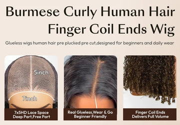 ÉLORA - Perruque bouclée Burmese Curly 7x5 – Bye Bye Slip™ sans colle | Pointes Finger Coil, cordon invisible, 100% cheveux humains