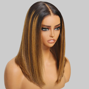 UBINE - BOB blunt brun & mèches blondes piano – racines foncées | 7x5 lace, glueless