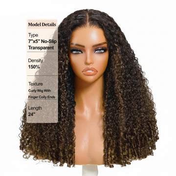ÉLORA - Perruque bouclée Burmese Curly 7x5 – Bye Bye Slip™ sans colle | Pointes Finger Coil, cordon invisible, 100% cheveux humains